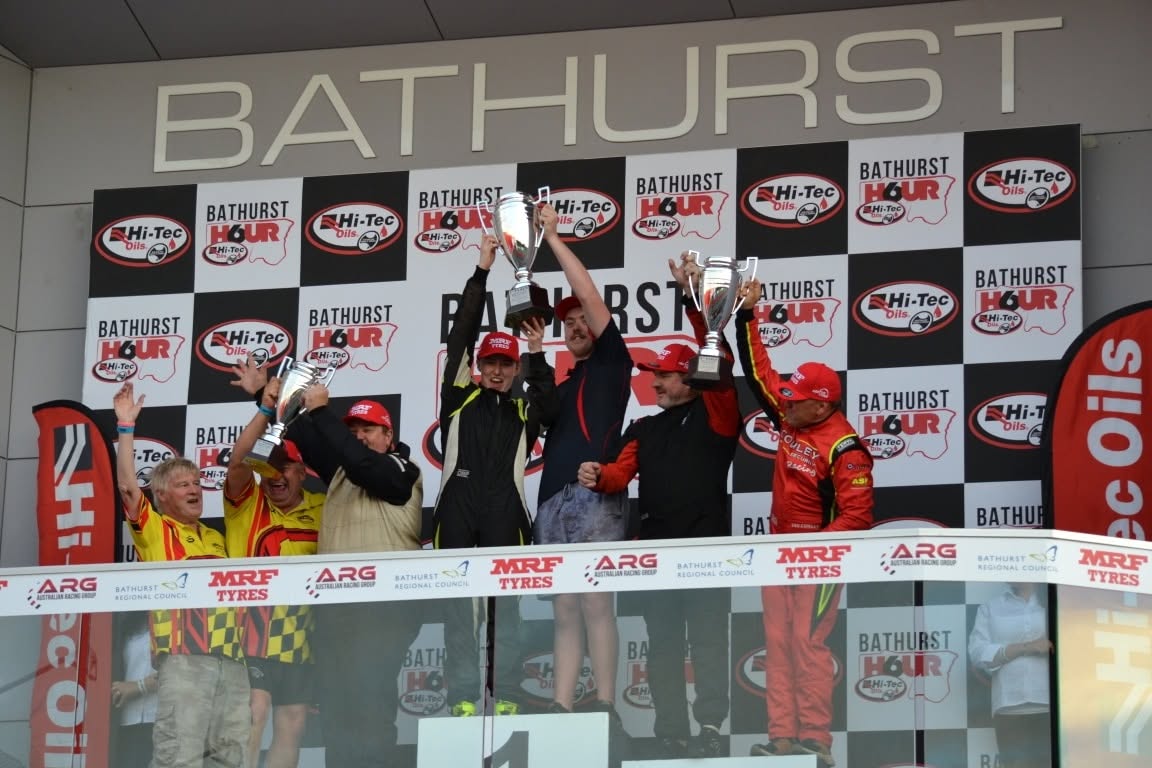 RaceAway drivers with the 2025 Bathurst 6 Hour Class E trophy
